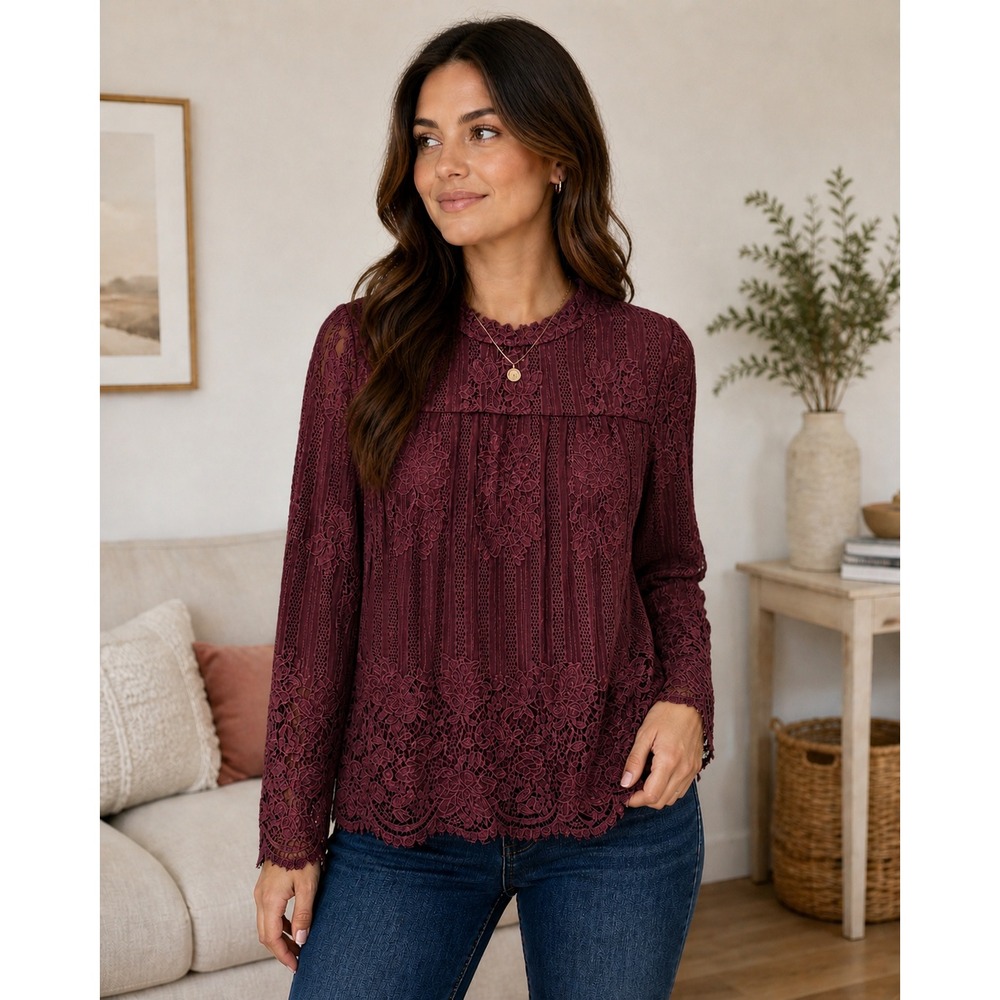Chance or Fate Mauve Lace Mock Neck Long Sleeve Blouse JC7650L308CF Womens Small